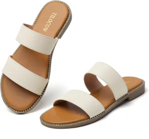 Tilocow Women's Flat Sandals with Rivets Inlaid Slip on Sandals Two Strap Casual Summer Slide Shoes