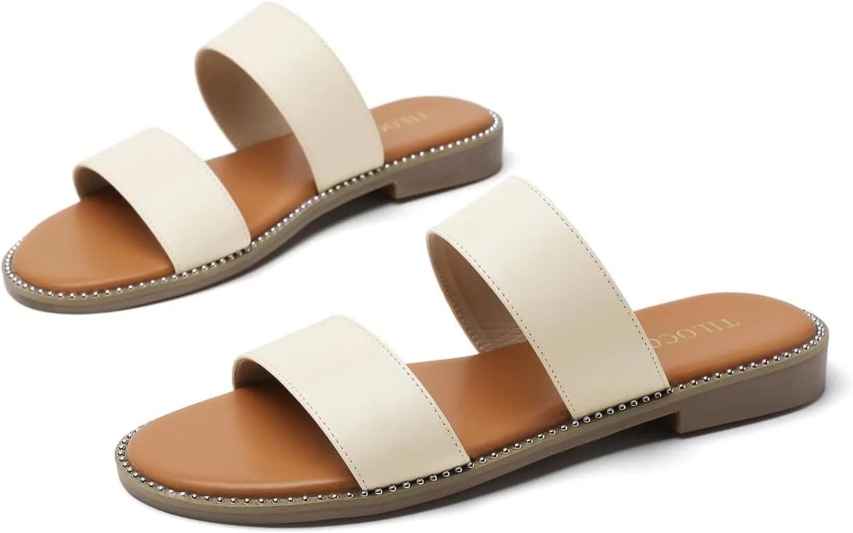 Tilocow Women's Flat Sandals with Rivets Inlaid Slip on Sandals Two Strap Casual Summer Slide Shoes