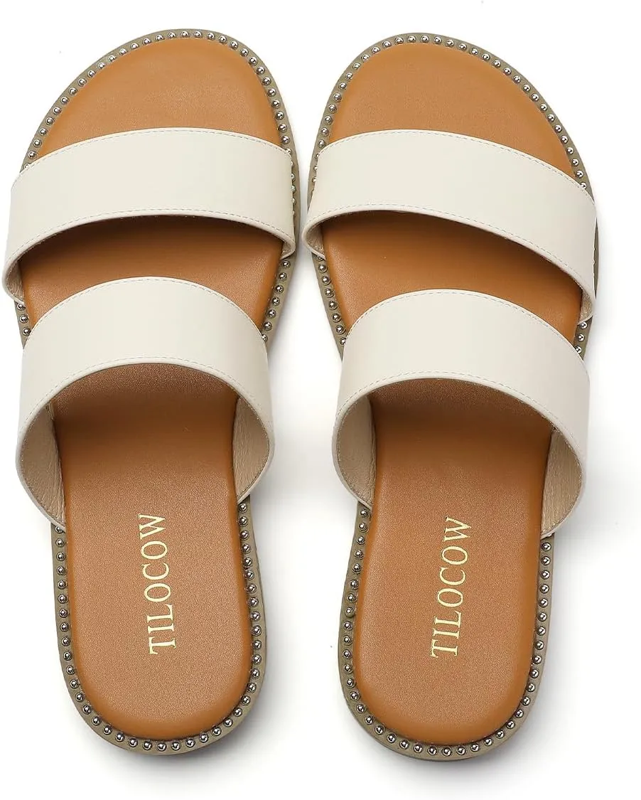 Tilocow Women's Flat Sandals with Rivets Inlaid Slip on Sandals Two Strap Casual Summer Slide Shoes