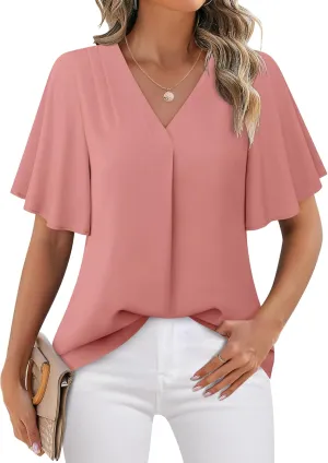 Timeson Women's V Neck Chiffon Blouse Ruffle Sleeve Ladies Work Shirts