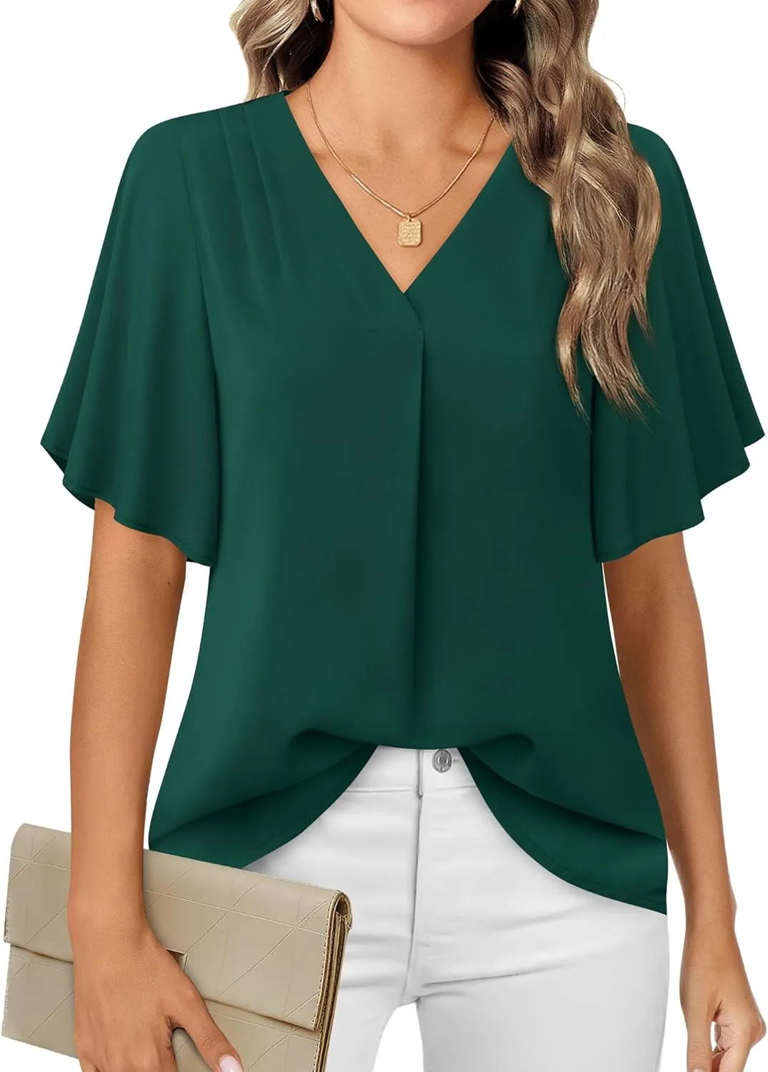 Timeson Women's V Neck Chiffon Blouse Ruffle Sleeve Ladies Work Shirts