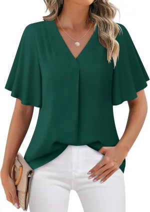 Timeson Women's V Neck Chiffon Blouse Ruffle Sleeve Ladies Work Shirts