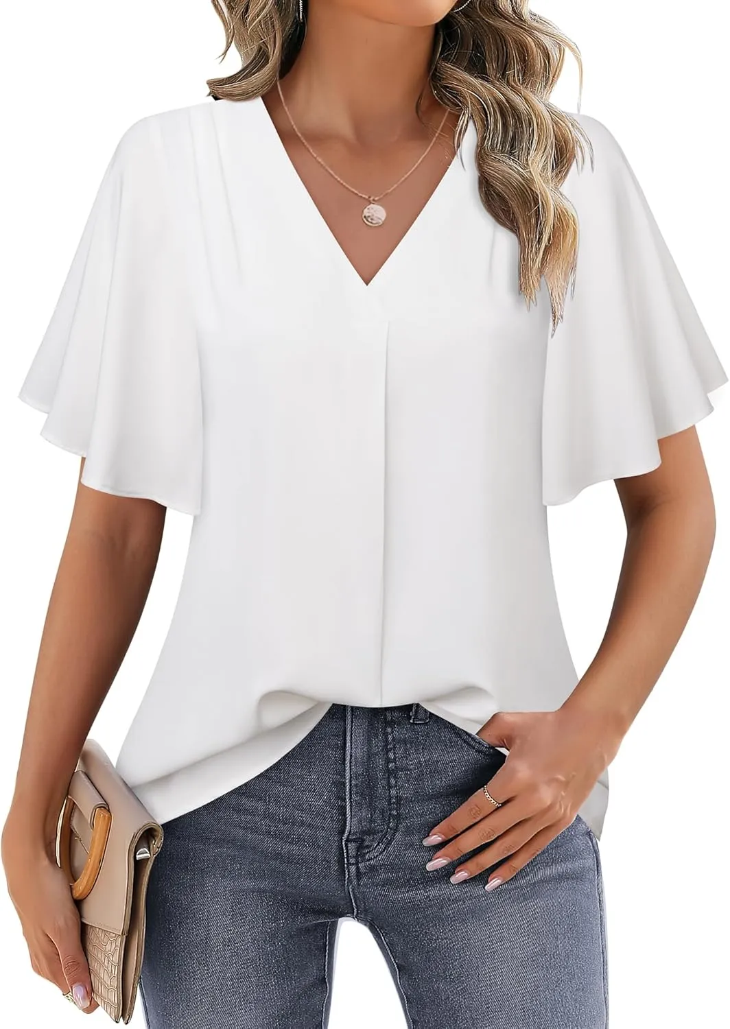 Timeson Women's V Neck Chiffon Blouse Ruffle Sleeve Ladies Work Shirts
