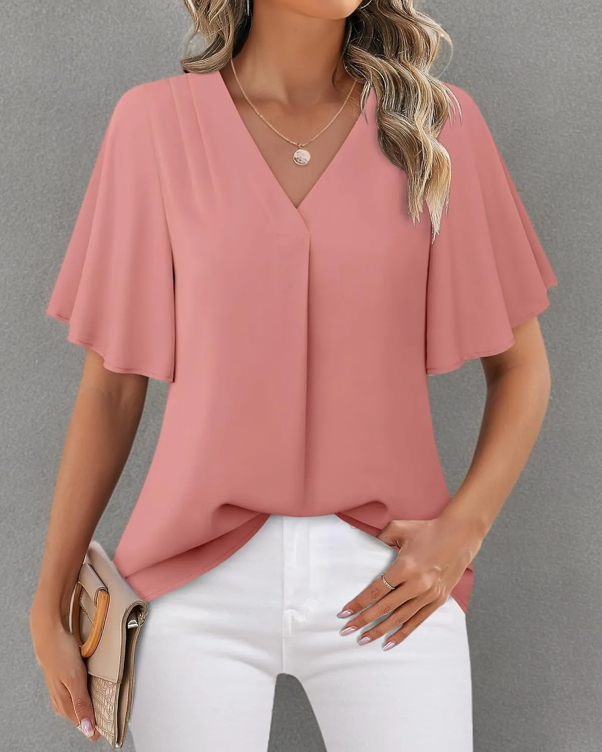 Timeson Women's V Neck Chiffon Blouse Ruffle Sleeve Ladies Work Shirts