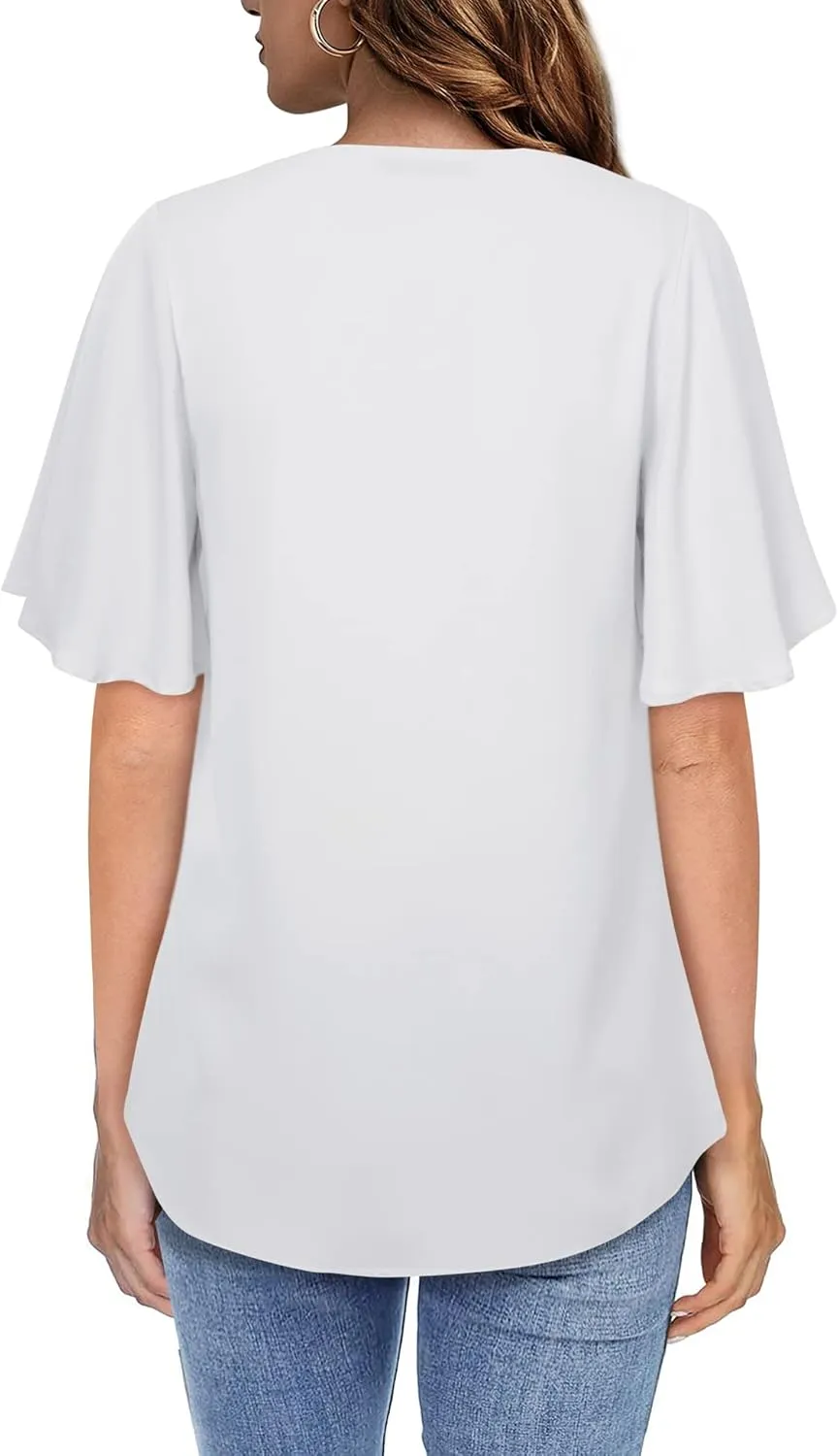Timeson Women's V Neck Chiffon Blouse Ruffle Sleeve Ladies Work Shirts