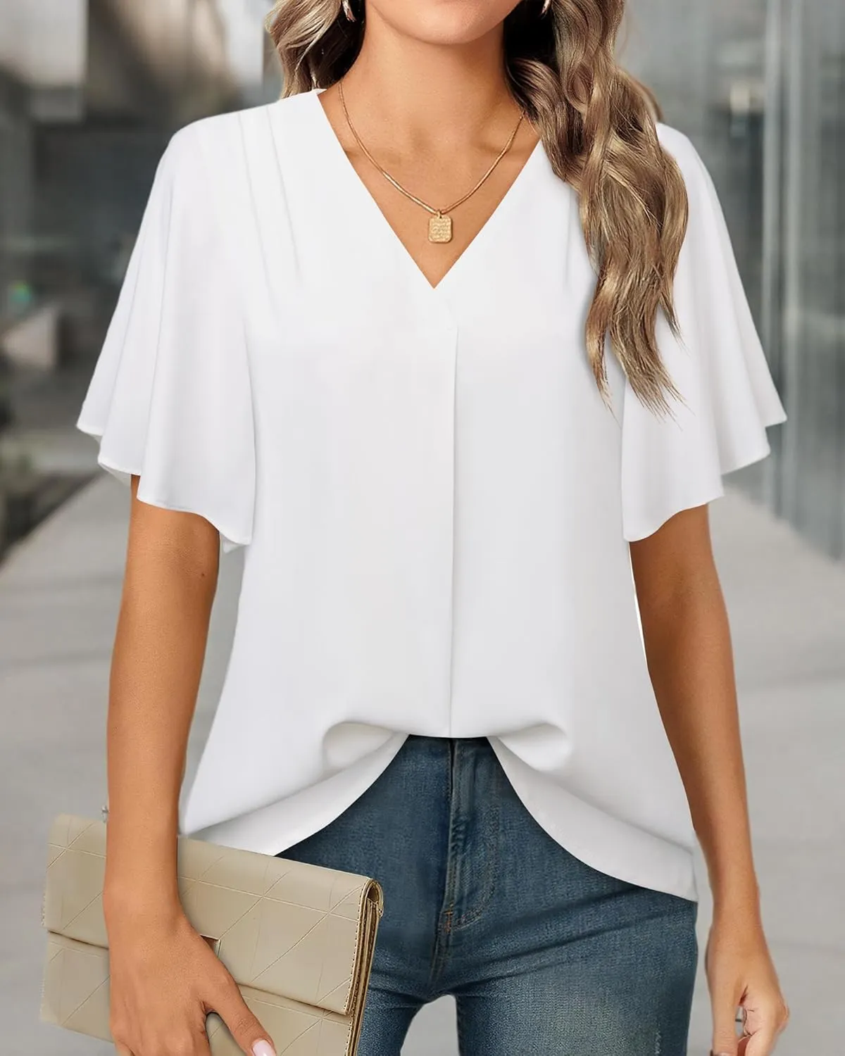 Timeson Women's V Neck Chiffon Blouse Ruffle Sleeve Ladies Work Shirts