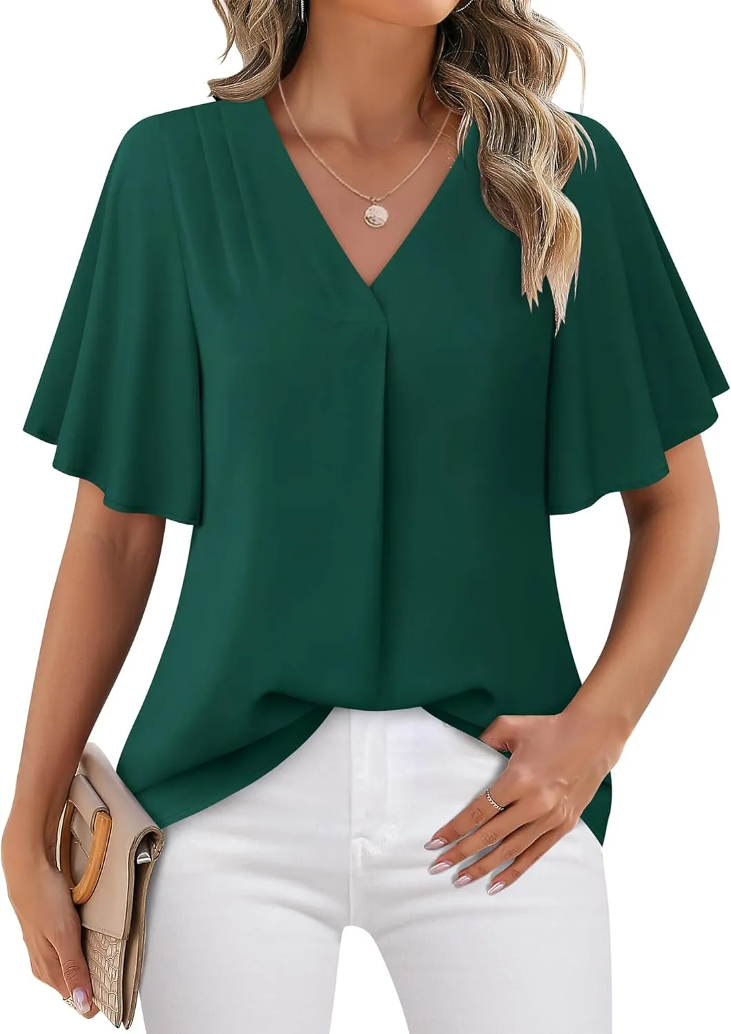 Timeson Women's V Neck Chiffon Blouse Ruffle Sleeve Ladies Work Shirts