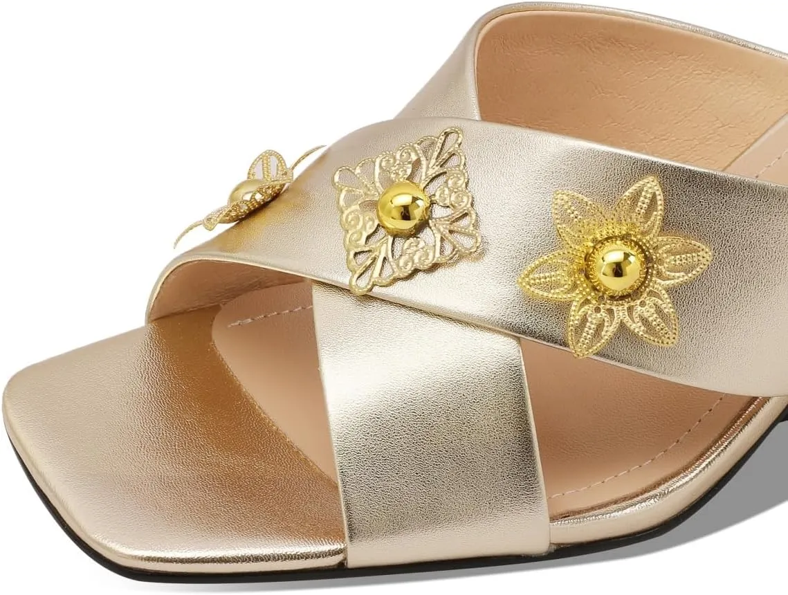 TinaCus Genuine Leather Women's Open Toe Handmade Flowers Mid Heels Sandals Slippers