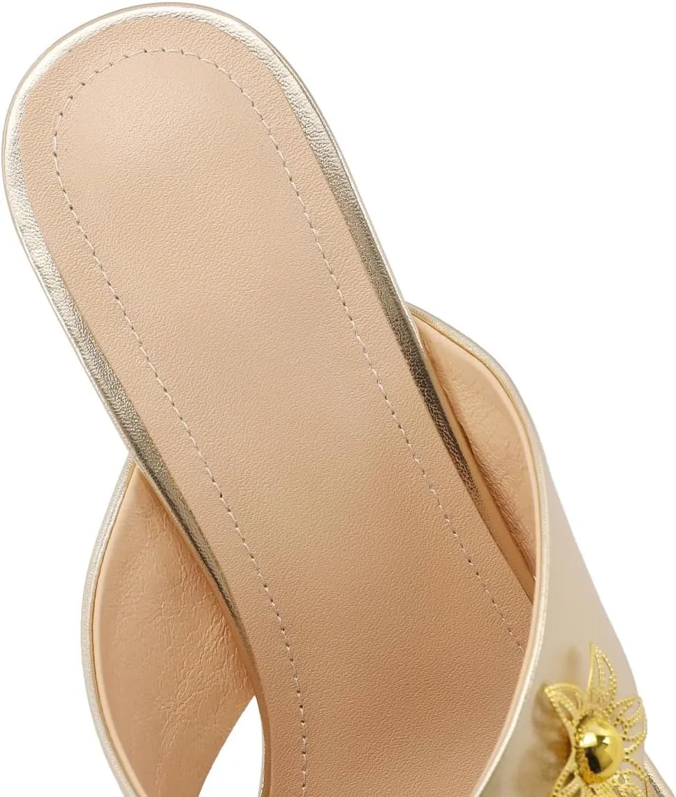 TinaCus Genuine Leather Women's Open Toe Handmade Flowers Mid Heels Sandals Slippers