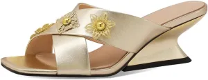 TinaCus Genuine Leather Women's Open Toe Handmade Flowers Mid Heels Sandals Slippers