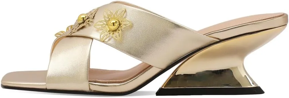 TinaCus Genuine Leather Women's Open Toe Handmade Flowers Mid Heels Sandals Slippers