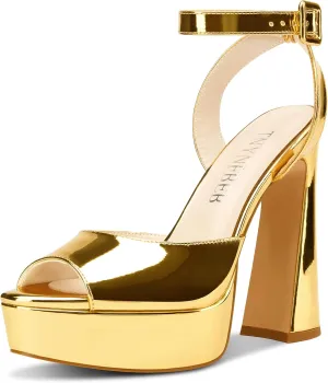 TNYNFBEB Womens Chunky Block High Platform Heel Peep Open Toe Sandals Ankle Strap Buckle Prom Dress Patent Leather 5.1 Inches Heels