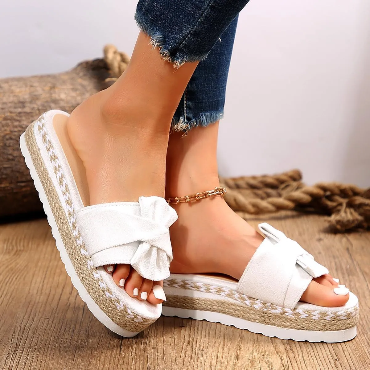 TOCONFFON Women's Low Wedge, Platform Sandals with Bow Details