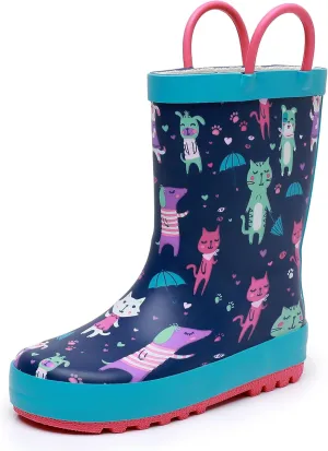 Toddler Rain Boots for Boys and Girls Waterproof Rubber Kids Rain Boots with Easy on Handles All-season