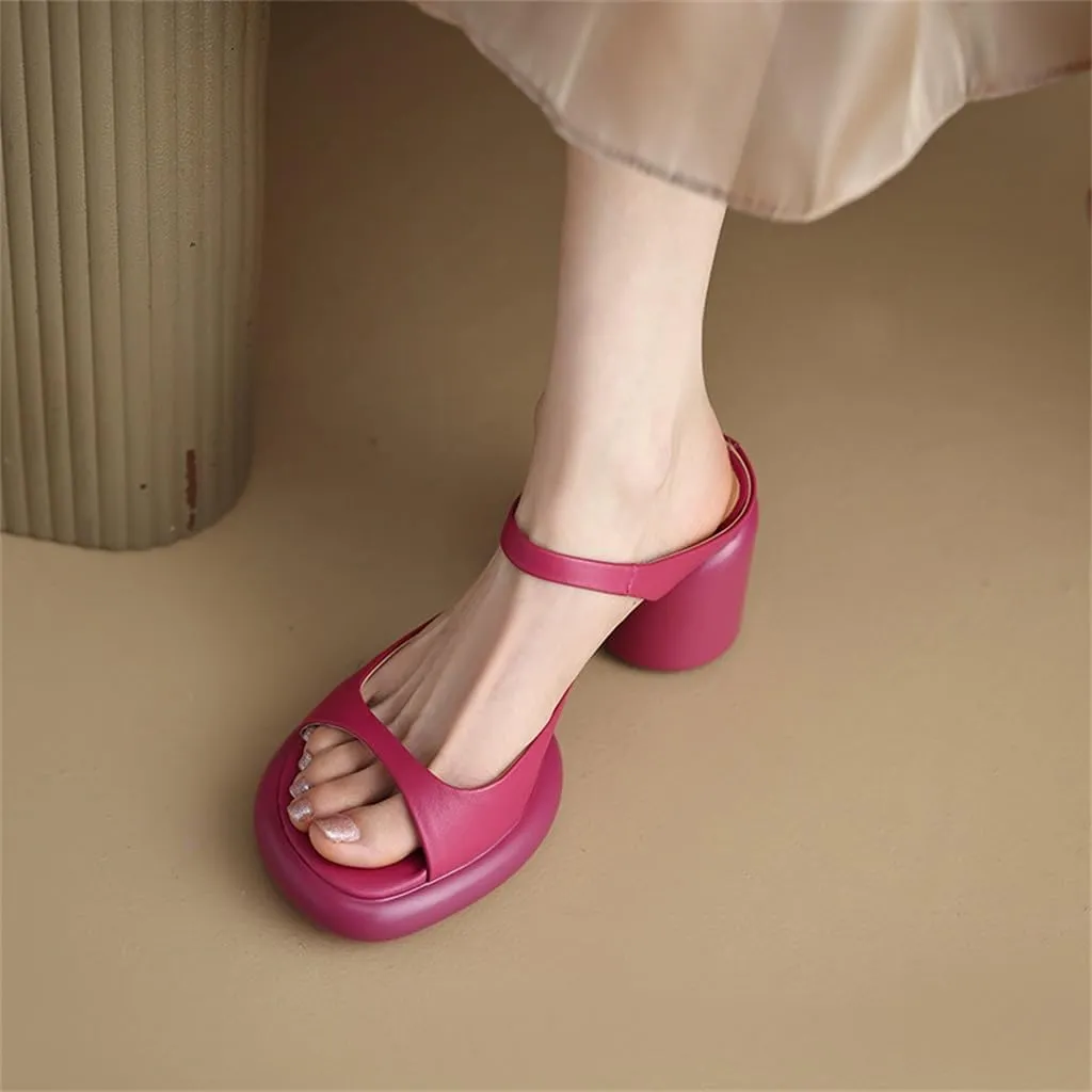 Toe Thick Sole Sandals For Women Wearing Thick Heeled High Heeled Half Slippers In Cowhide