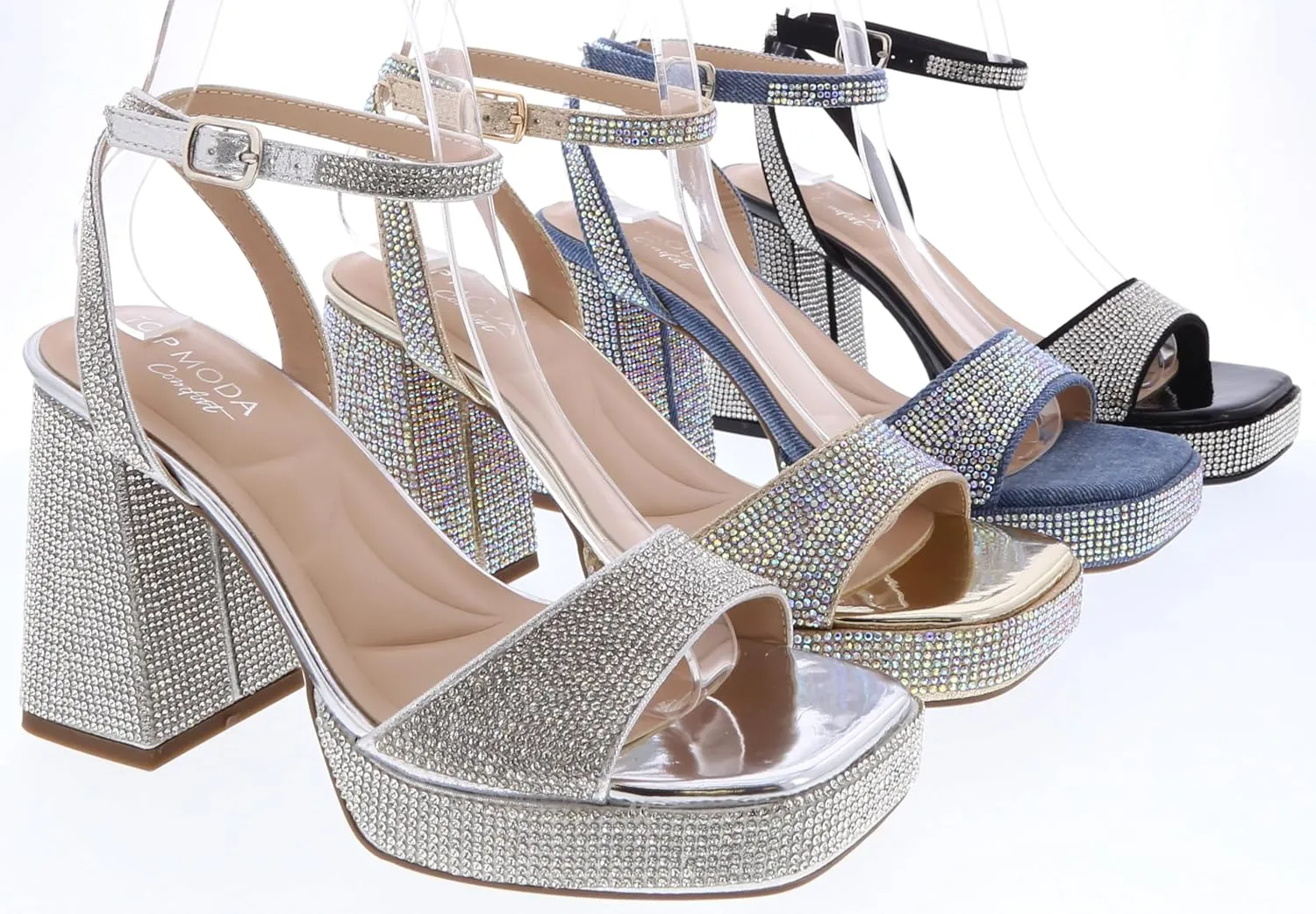 TOP Moda Women Open Toe Rhinestone Platform Chunky Block heel Sandal with Ankle Strap