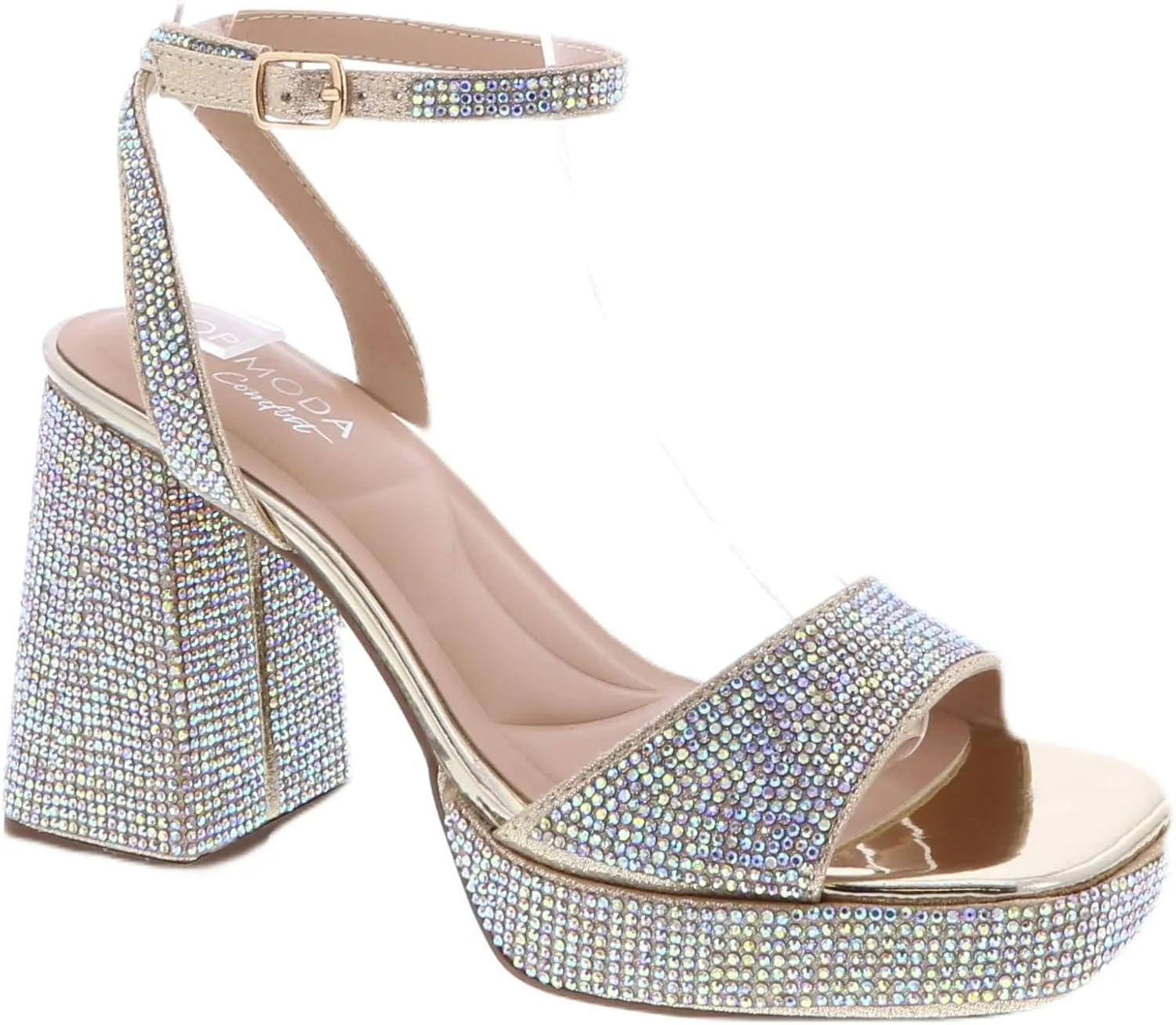 TOP Moda Women Open Toe Rhinestone Platform Chunky Block heel Sandal with Ankle Strap