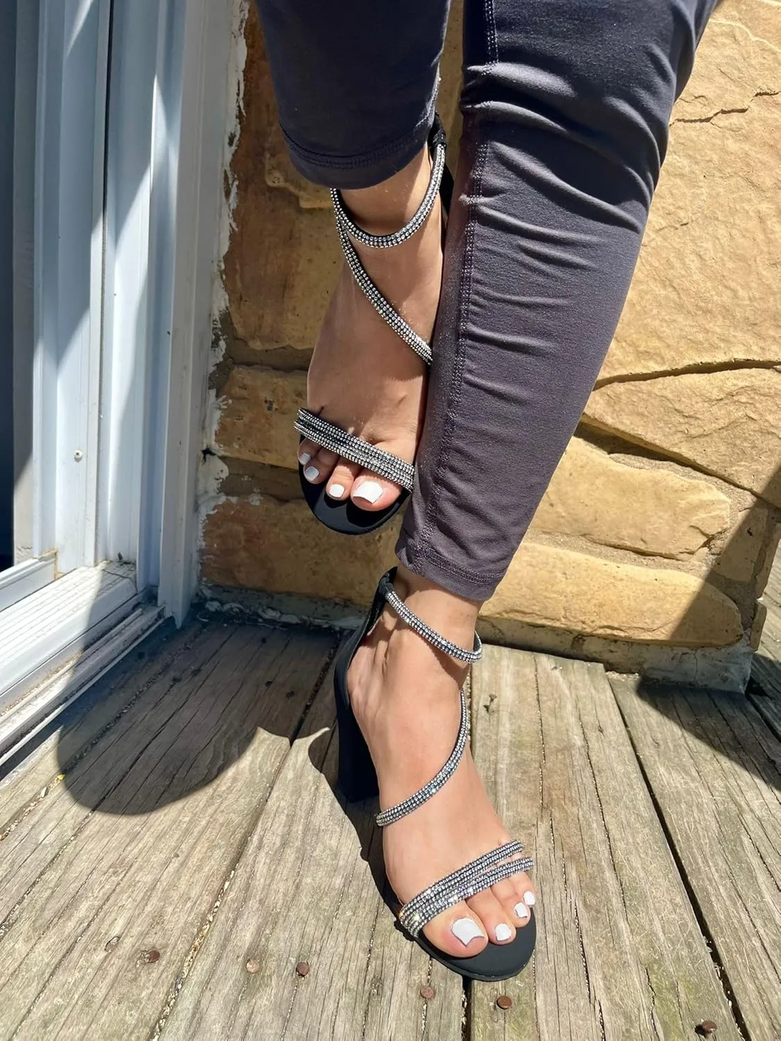 TOP Moda Women's Ankle Strap Open Toe Dressy Formal Strappy Rhinestone Chunky Heel Sandals, 6