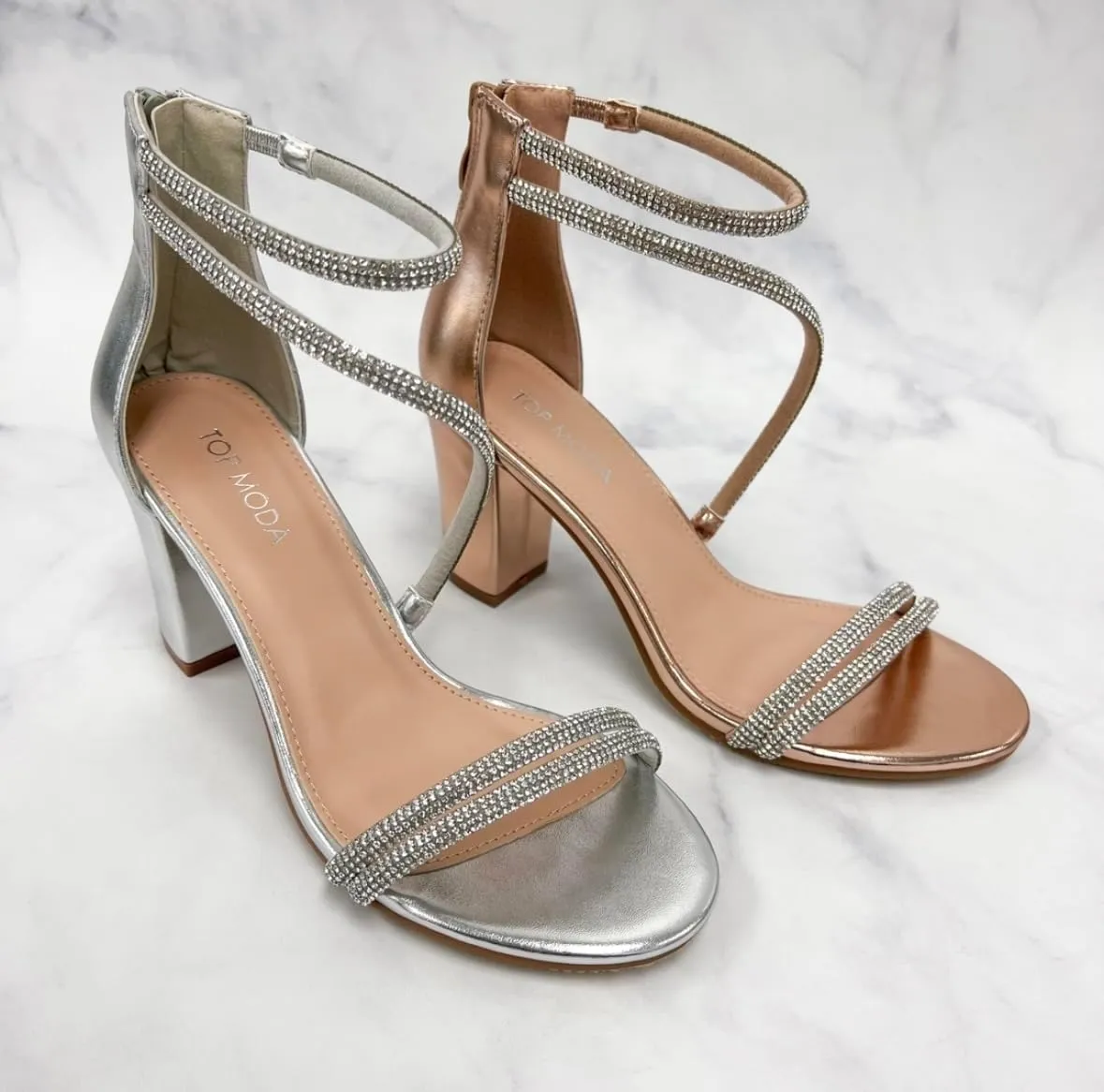 TOP Moda Women's Ankle Strap Open Toe Dressy Formal Strappy Rhinestone Chunky Heel Sandals, 6