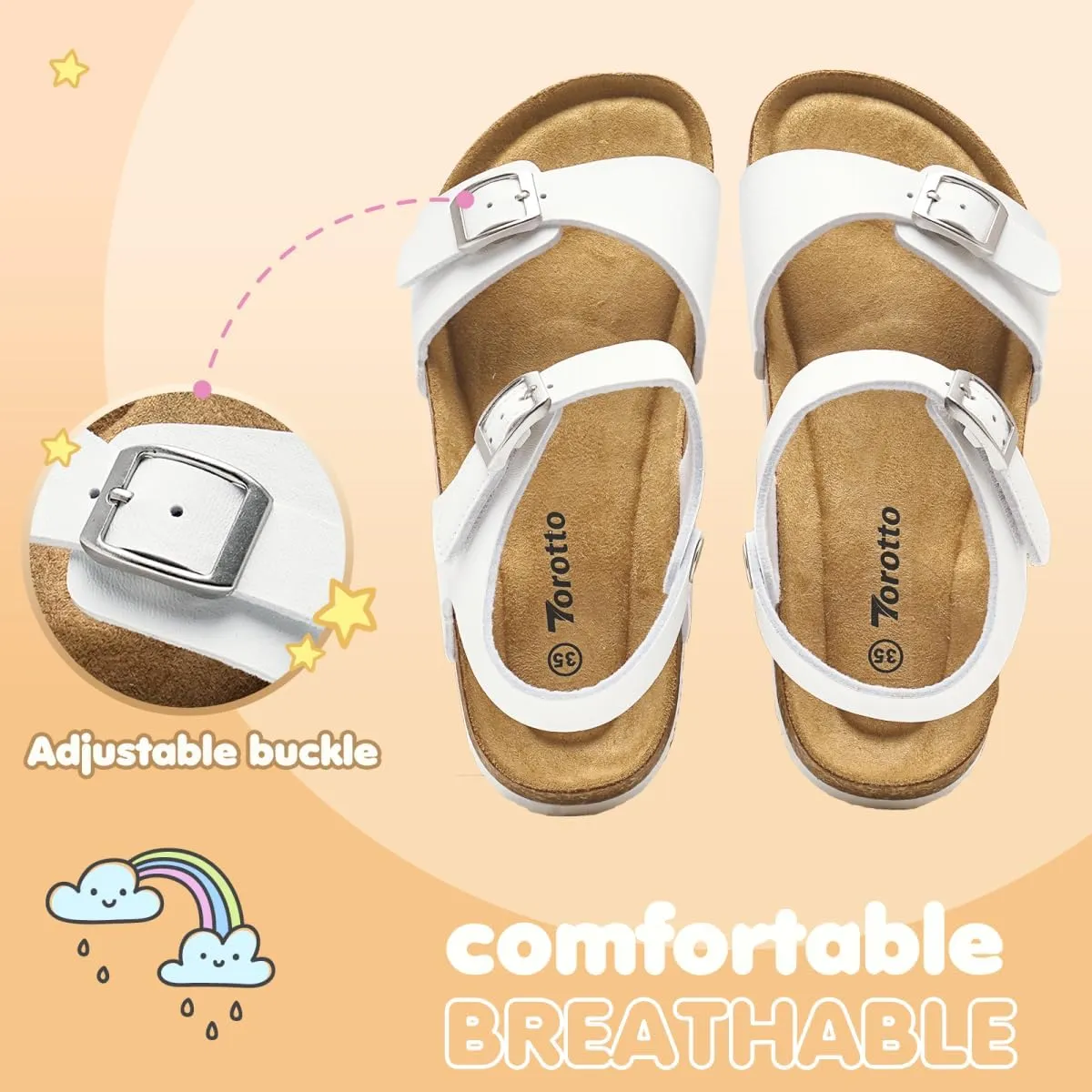 Torotto Girls Boys Sandals with Cork Footbed Adjustable Buckle Casual Slides Sandals Open Toes Flat for Kids Toddler