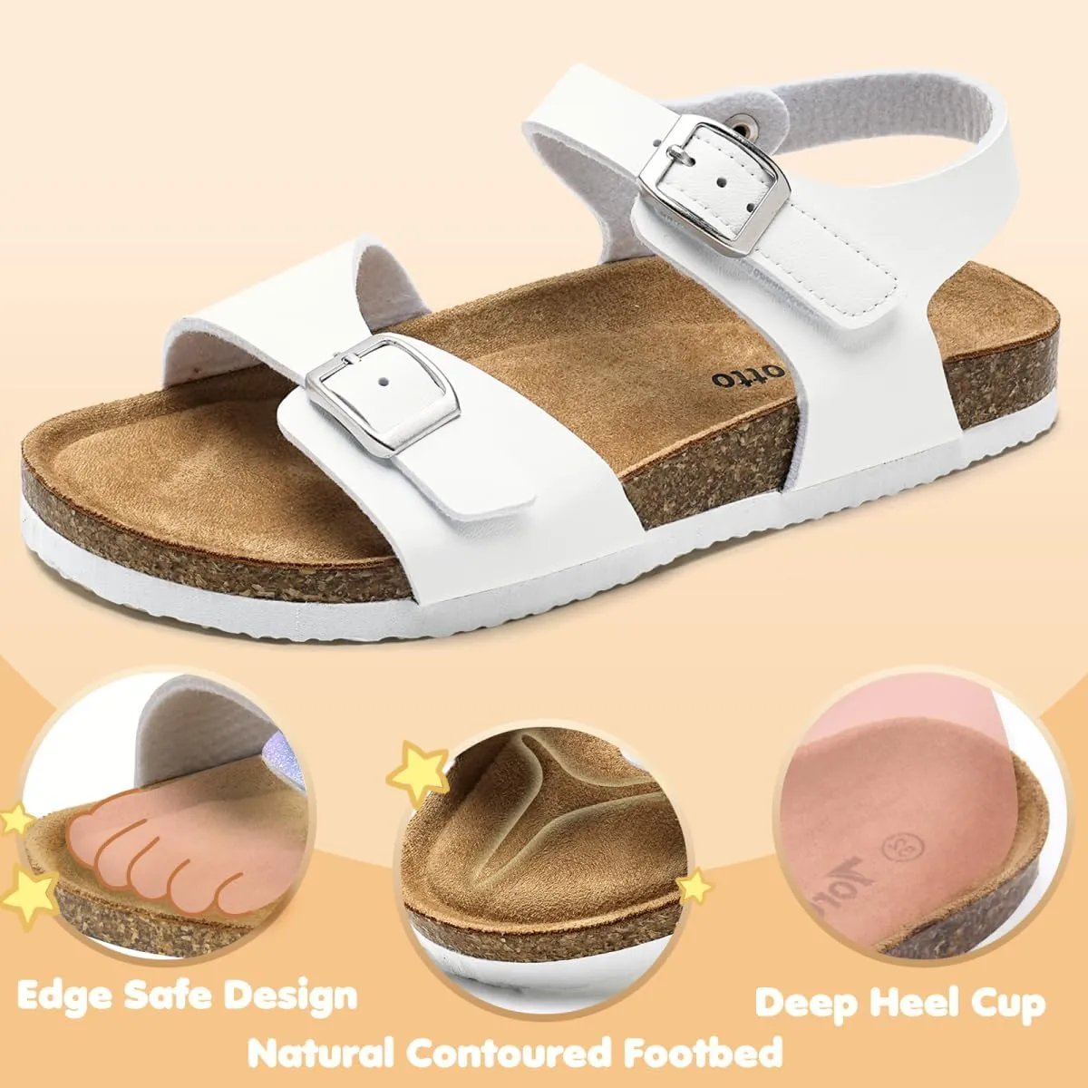 Torotto Girls Boys Sandals with Cork Footbed Adjustable Buckle Casual Slides Sandals Open Toes Flat for Kids Toddler