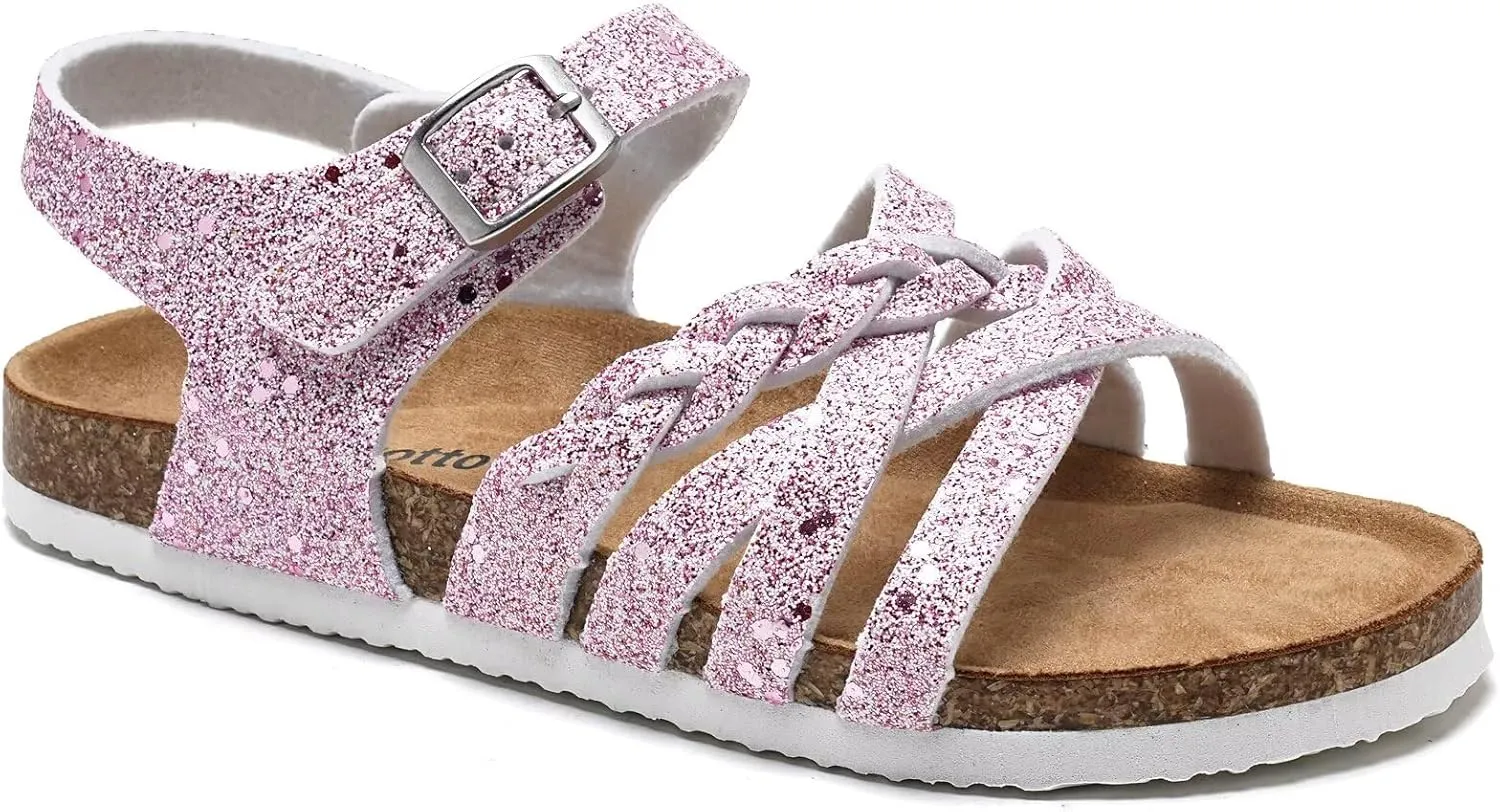 Torotto Girls Sandals with Cork Footbed Adjustable Buckle Casual Slides Sandals Open Toes Flat for Kids Toddler
