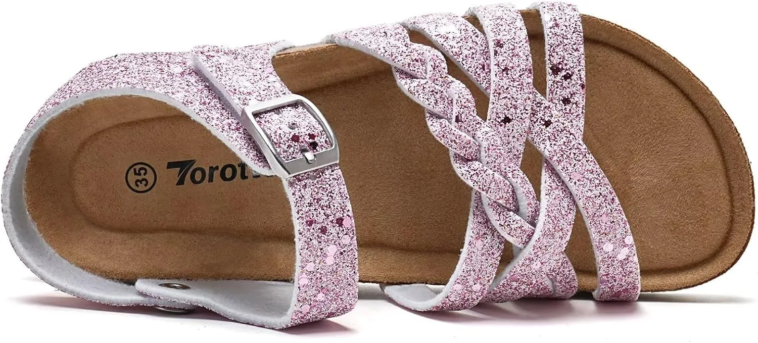 Torotto Girls Sandals with Cork Footbed Adjustable Buckle Casual Slides Sandals Open Toes Flat for Kids Toddler