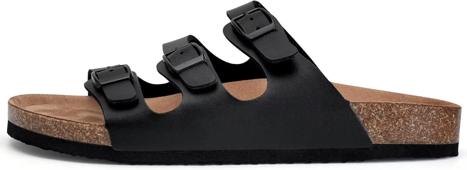 Torotto Mens Slides with Cork Footbed Open Toe Adjustable Webbing Flat Sandals for Walking | Beach | Indoor