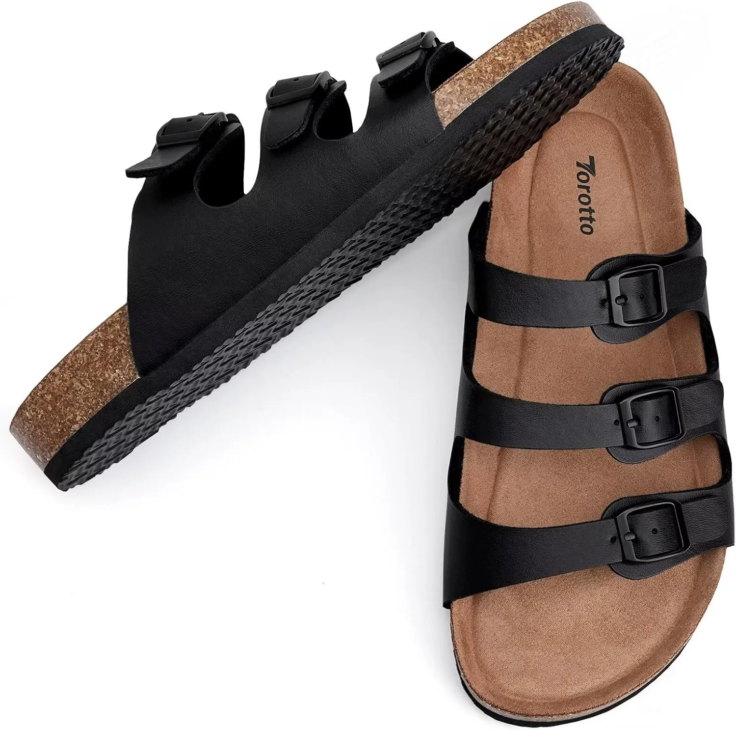 Torotto Mens Slides with Cork Footbed Open Toe Adjustable Webbing Flat Sandals for Walking | Beach | Indoor