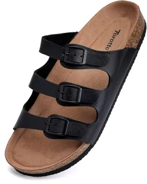 Torotto Mens Slides with Cork Footbed Open Toe Adjustable Webbing Flat Sandals for Walking | Beach | Indoor