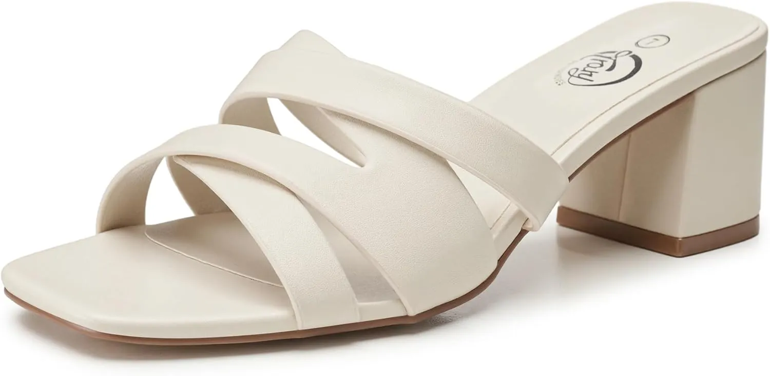 Trary Women's Sandals, Square Toe Heels Sandals, 2inch Black White Nude Chunky Block Heels Sandals