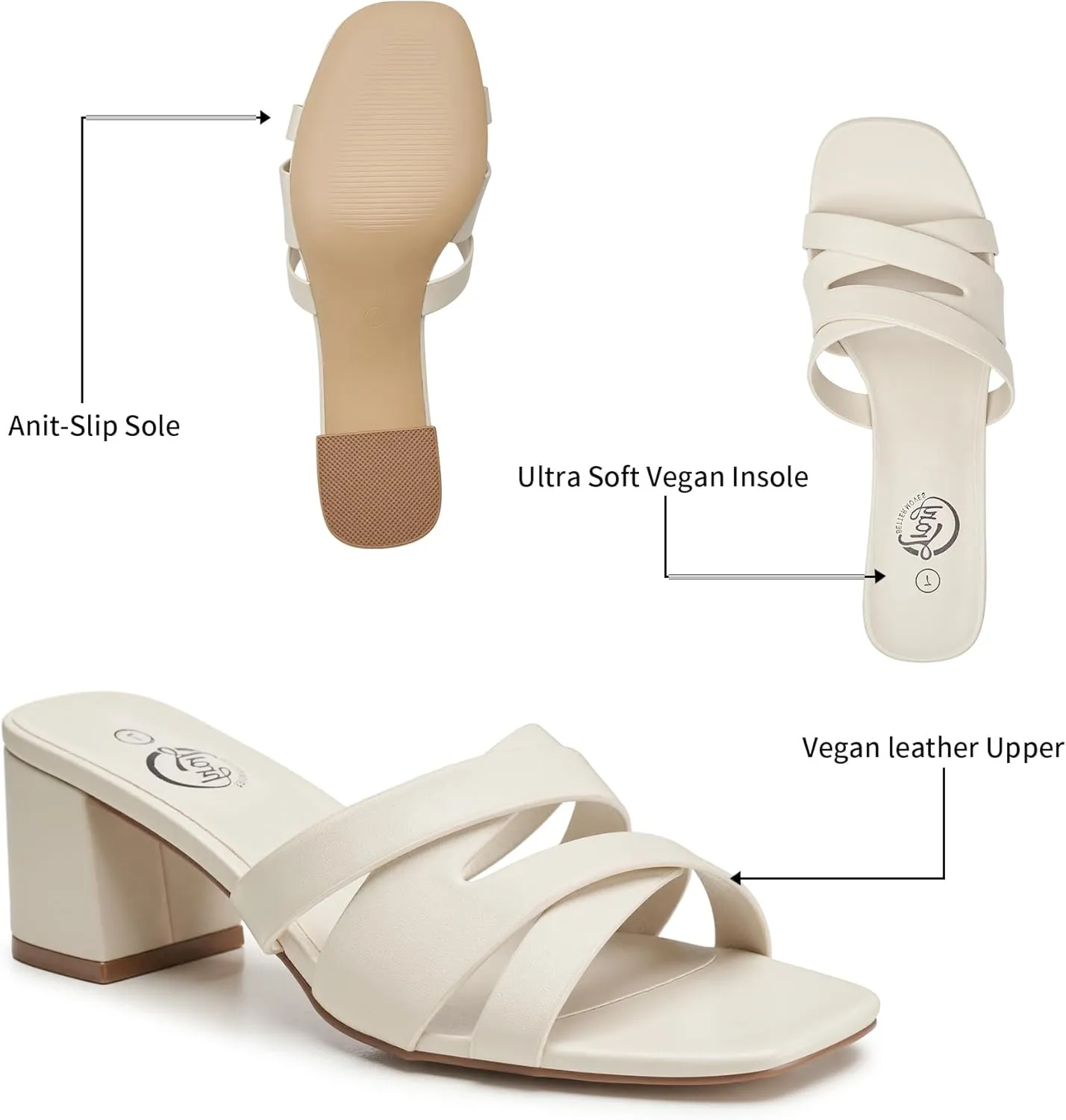 Trary Women's Sandals, Square Toe Heels Sandals, 2inch Black White Nude Chunky Block Heels Sandals