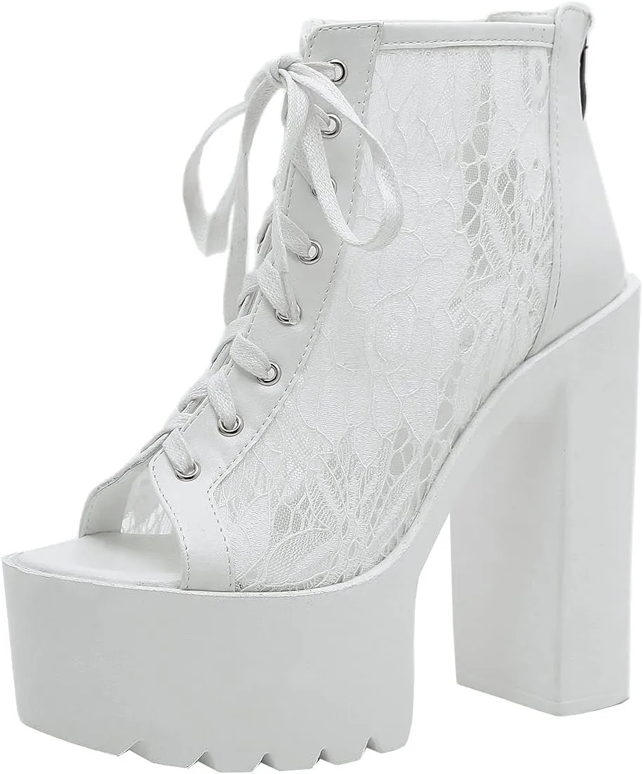 Trendenzy Women's Lace Peep Toe Platform Chunky High Heel Gothic Ankle Sandals