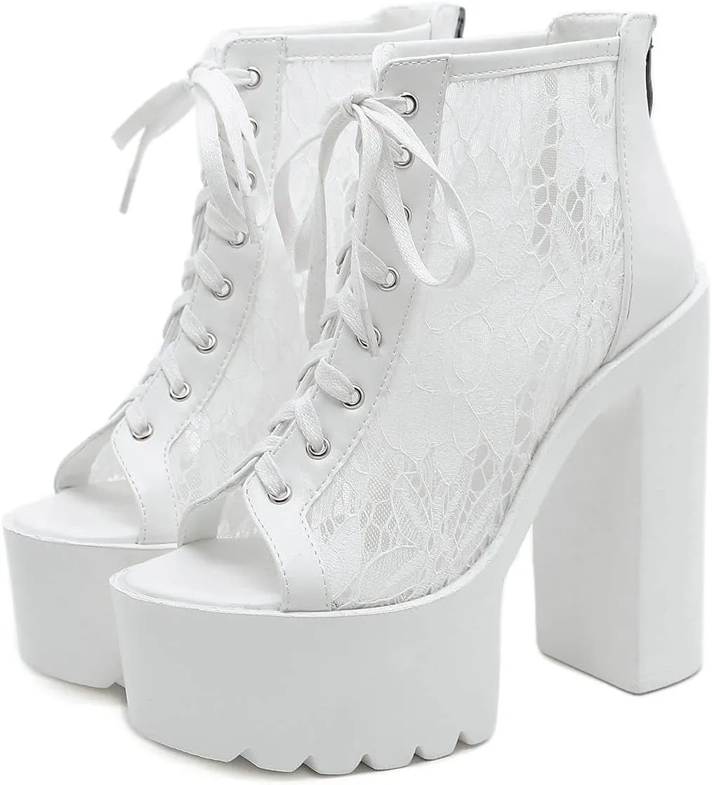 Trendenzy Women's Lace Peep Toe Platform Chunky High Heel Gothic Ankle Sandals