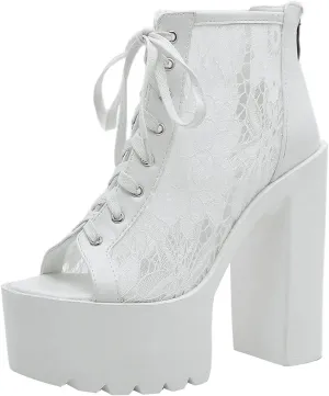 Trendenzy Women's Lace Peep Toe Platform Chunky High Heel Gothic Ankle Sandals