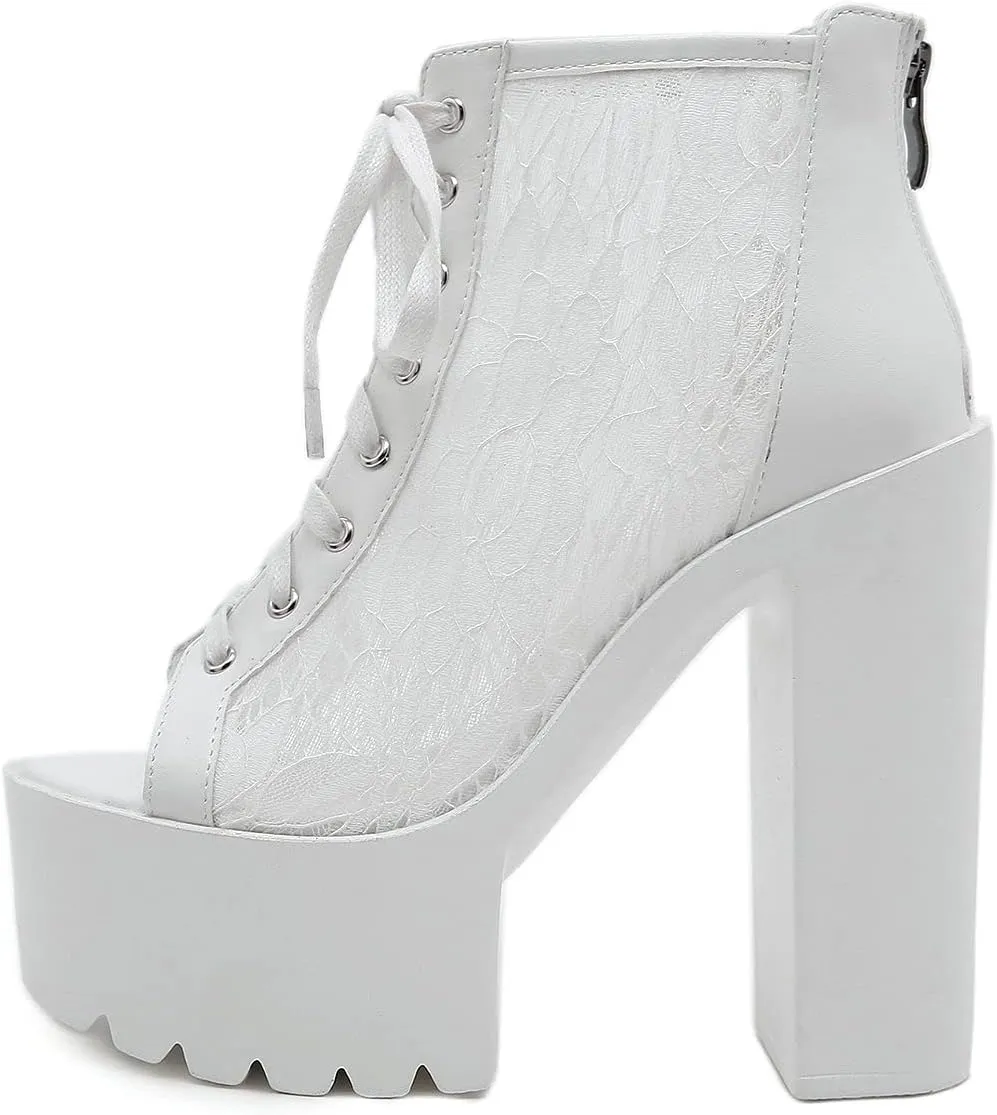 Trendenzy Women's Lace Peep Toe Platform Chunky High Heel Gothic Ankle Sandals