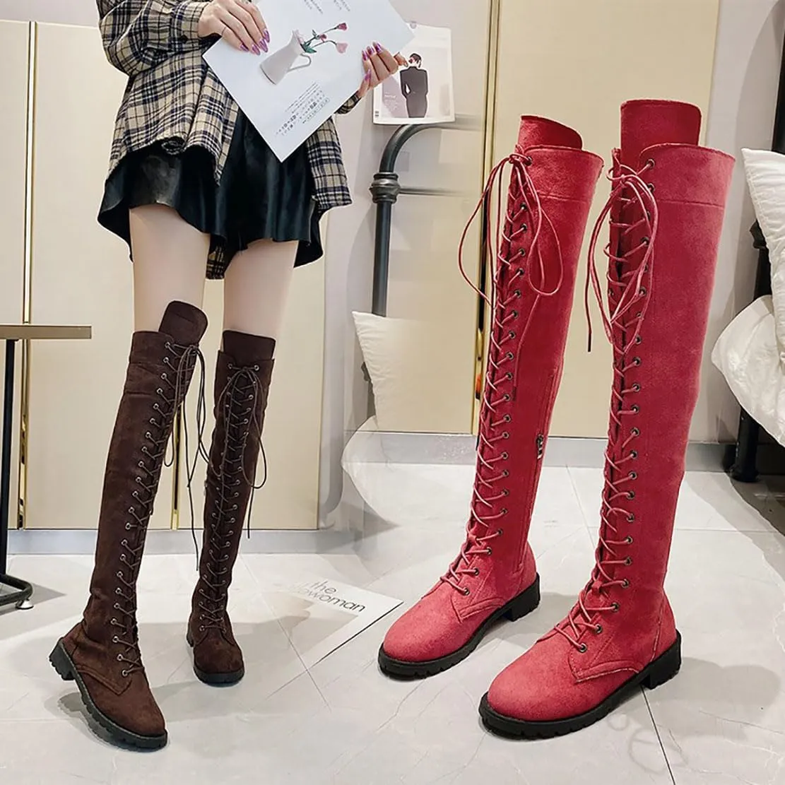 Ulalaza Women’s Casual Stylish Knee High Boots Artificial Suede Inner Pointy-toe Lace-up Zipper Mid Heel Stretch Legs Comfort for Walking
