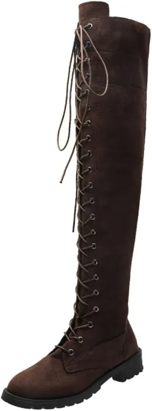 Ulalaza Women’s Casual Stylish Knee High Boots Artificial Suede Inner Pointy-toe Lace-up Zipper Mid Heel Stretch Legs Comfort for Walking