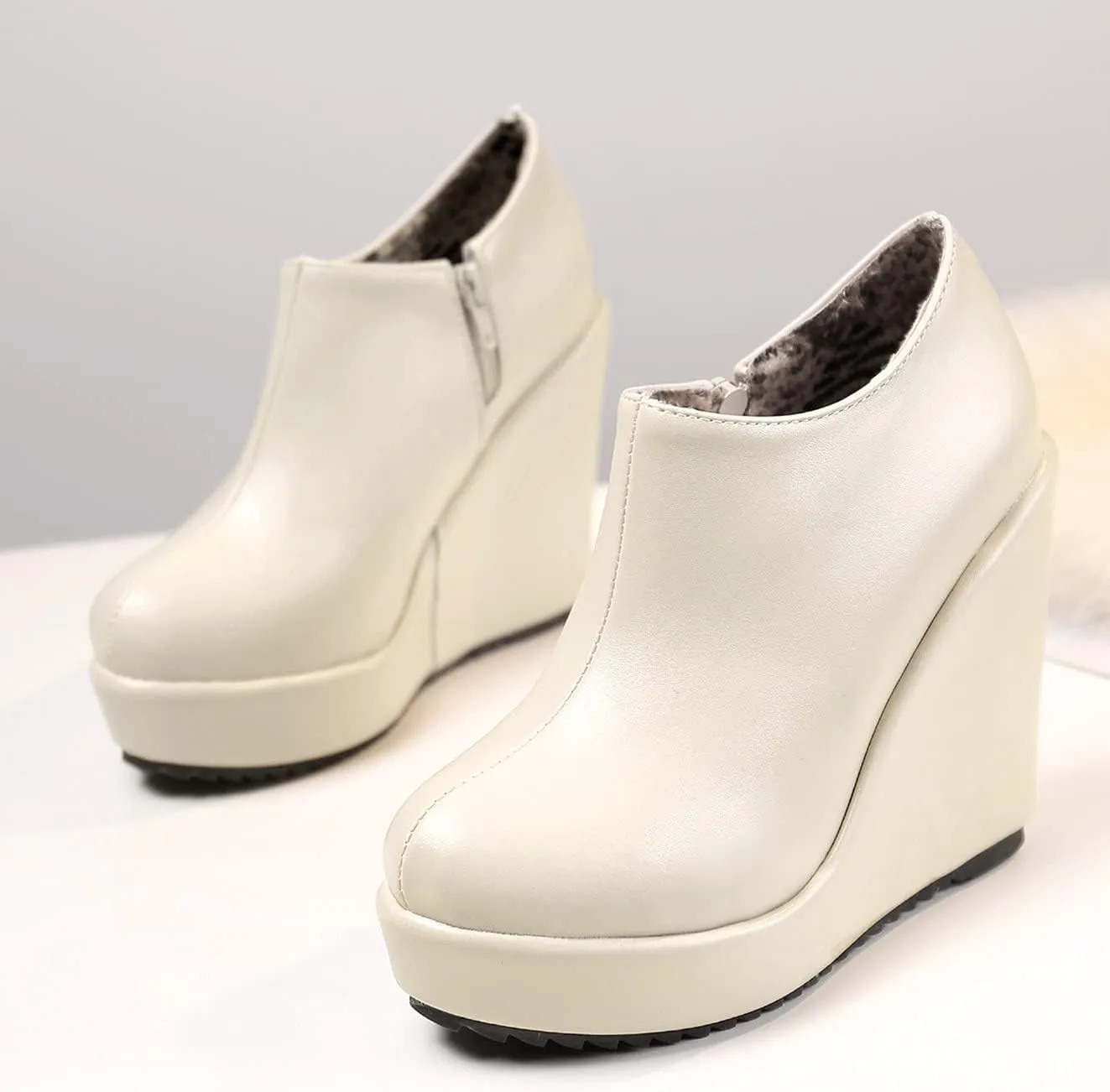 UniqueStride Women High Heel Wedge Short Ankle Boots Fashion Platform Zip up Faux Suede Ankle Booties