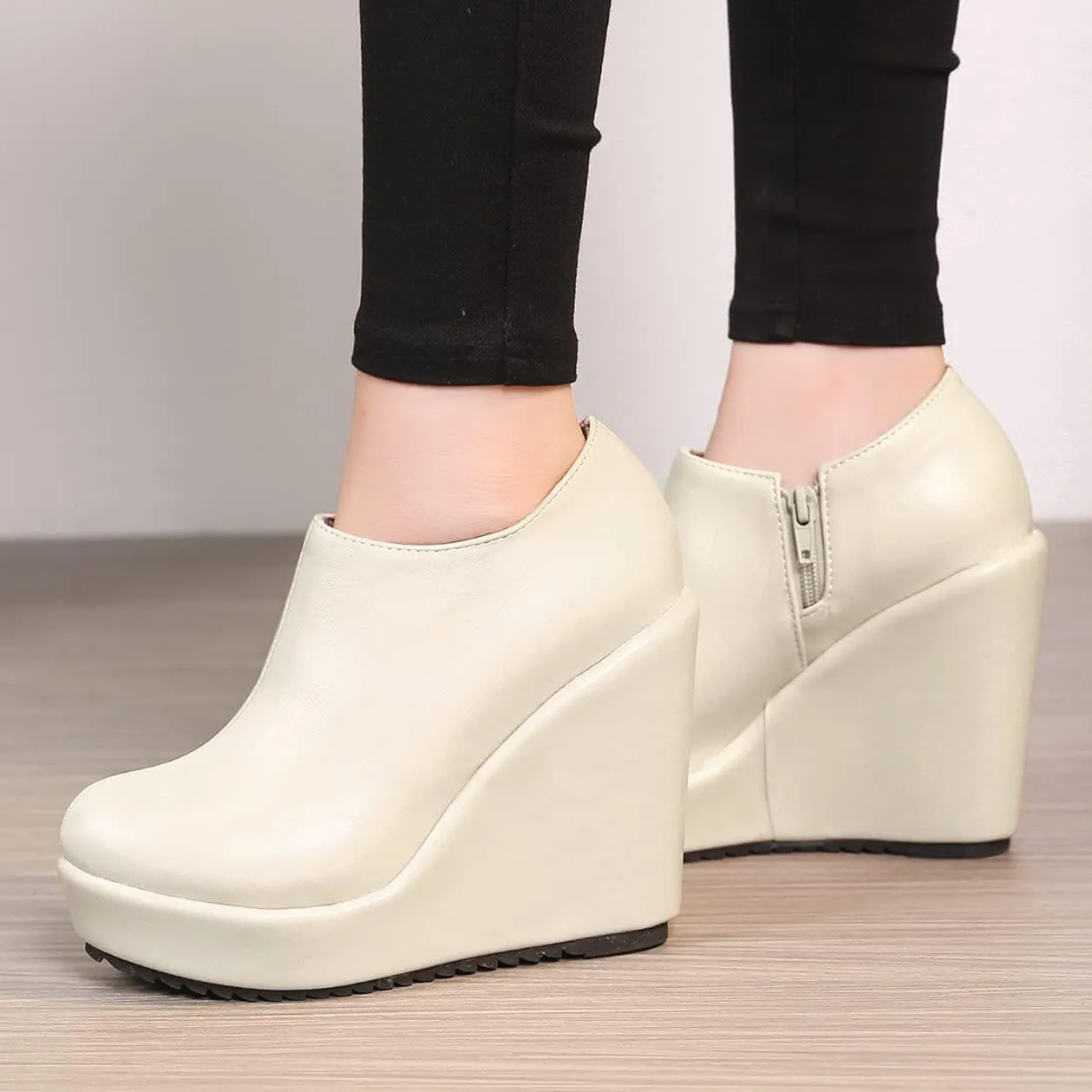 UniqueStride Women High Heel Wedge Short Ankle Boots Fashion Platform Zip up Faux Suede Ankle Booties