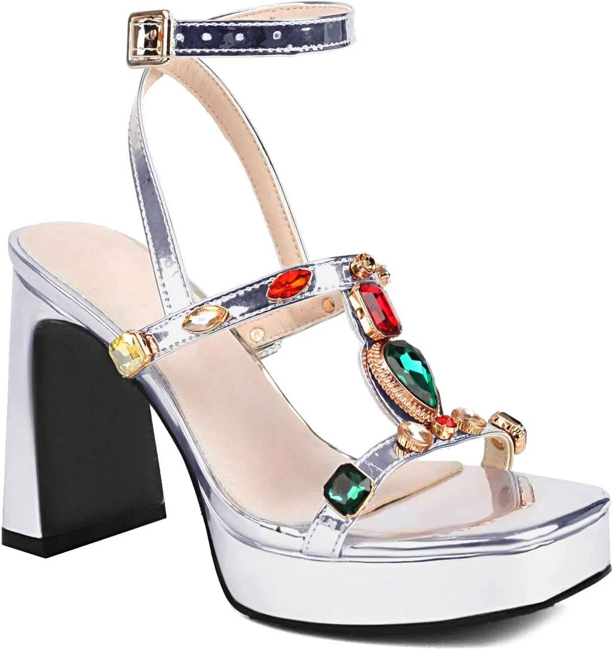 UTIKLIOU Women's Chunk High Heel Pump Sandals Ankle Strap Rhinestone Platform Square Toe Buckle Straps Sandals Block Heels Dress Wedding Party Shoes