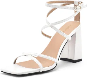 Vaslemuse Strappy Heels for Women Chunky Heel Sandals Square Open Toe witn Ankle Strap Prom Party Shoes