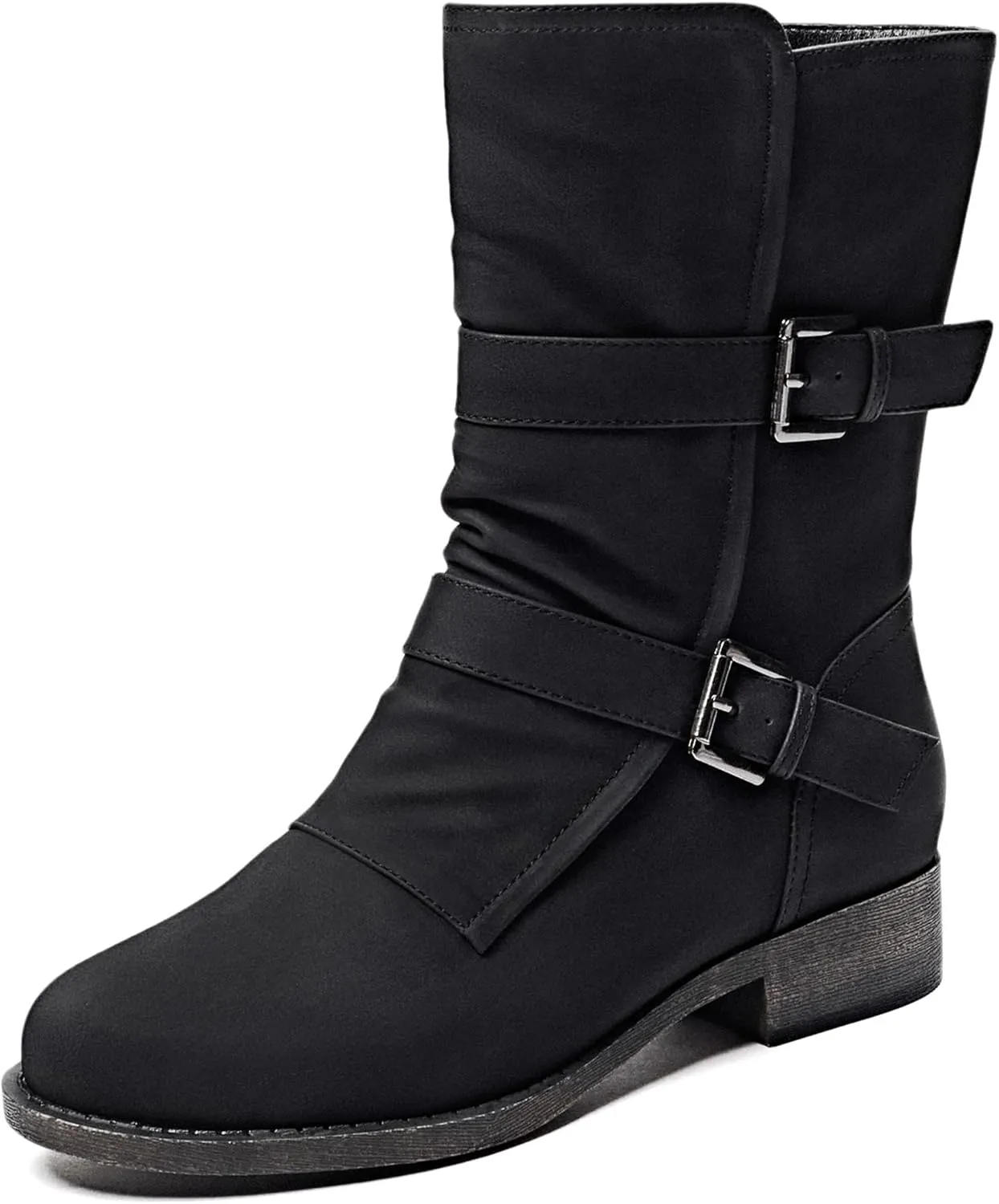 Veittes Women's Mid-Calf Cowboy Cowgirl Boots with Low Chunky Heel, Side Zipper, Motorcycle Style, Classic Round Toe,Fashion Western (Black/Dark Brown/Grey) Boots