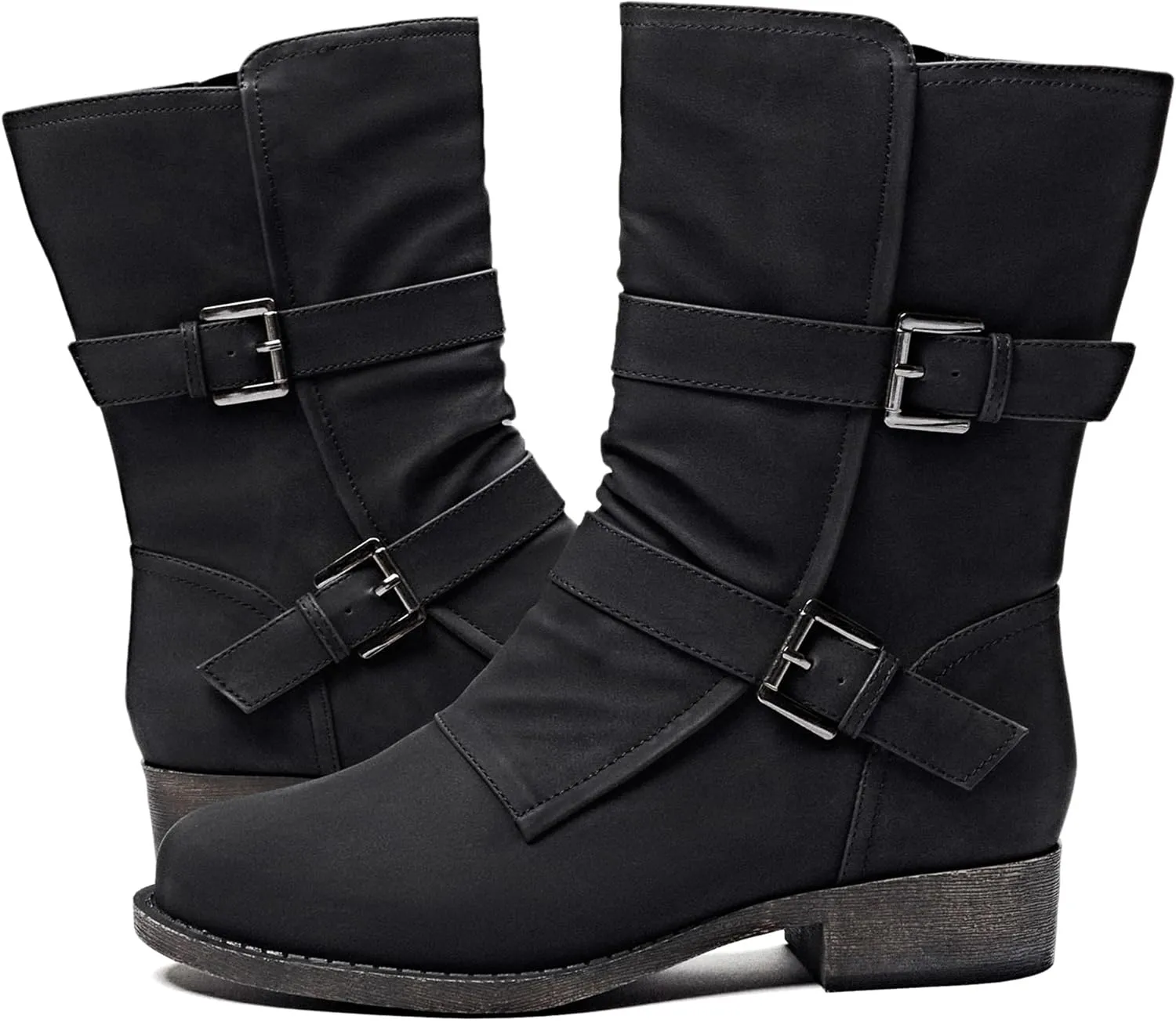Veittes Women's Mid-Calf Cowboy Cowgirl Boots with Low Chunky Heel, Side Zipper, Motorcycle Style, Classic Round Toe,Fashion Western (Black/Dark Brown/Grey) Boots