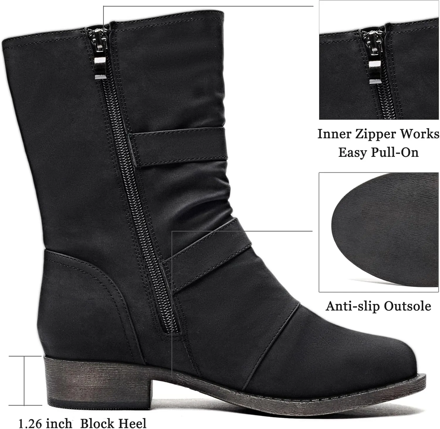 Veittes Women's Mid-Calf Cowboy Cowgirl Boots with Low Chunky Heel, Side Zipper, Motorcycle Style, Classic Round Toe,Fashion Western (Black/Dark Brown/Grey) Boots