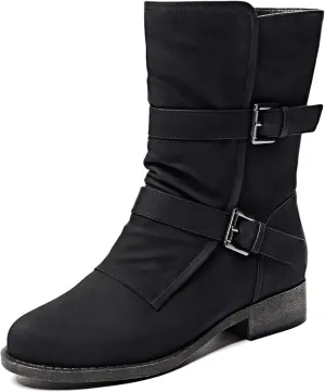 Veittes Women's Mid-Calf Cowboy Cowgirl Boots with Low Chunky Heel, Side Zipper, Motorcycle Style, Classic Round Toe,Fashion Western (Black/Dark Brown/Grey) Boots