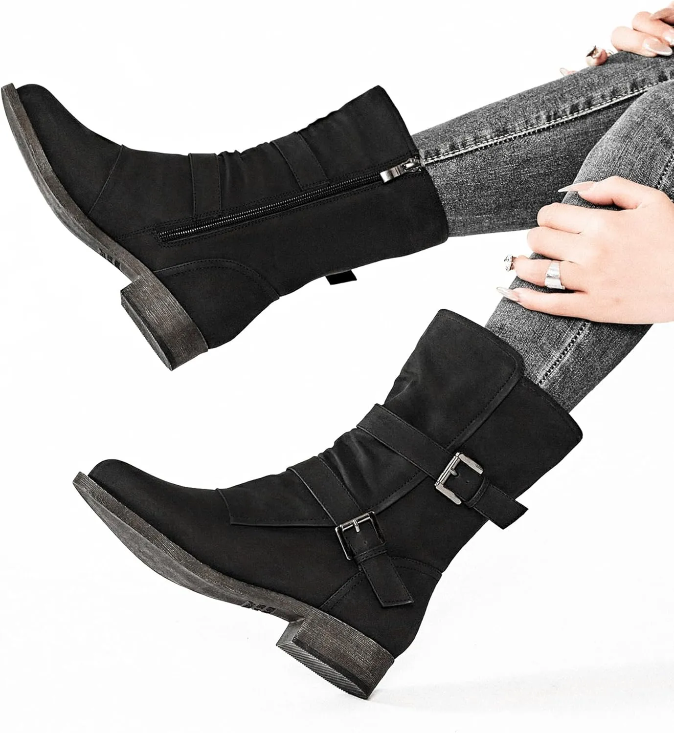 Veittes Women's Mid-Calf Cowboy Cowgirl Boots with Low Chunky Heel, Side Zipper, Motorcycle Style, Classic Round Toe,Fashion Western (Black/Dark Brown/Grey) Boots
