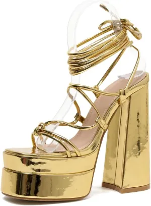 Vertundy Women's Platform Chunky Heel Sandals - Lace up Block High Heels Square Open Toe Strappy Dress Shoes for Party Dressy Summer Sexy