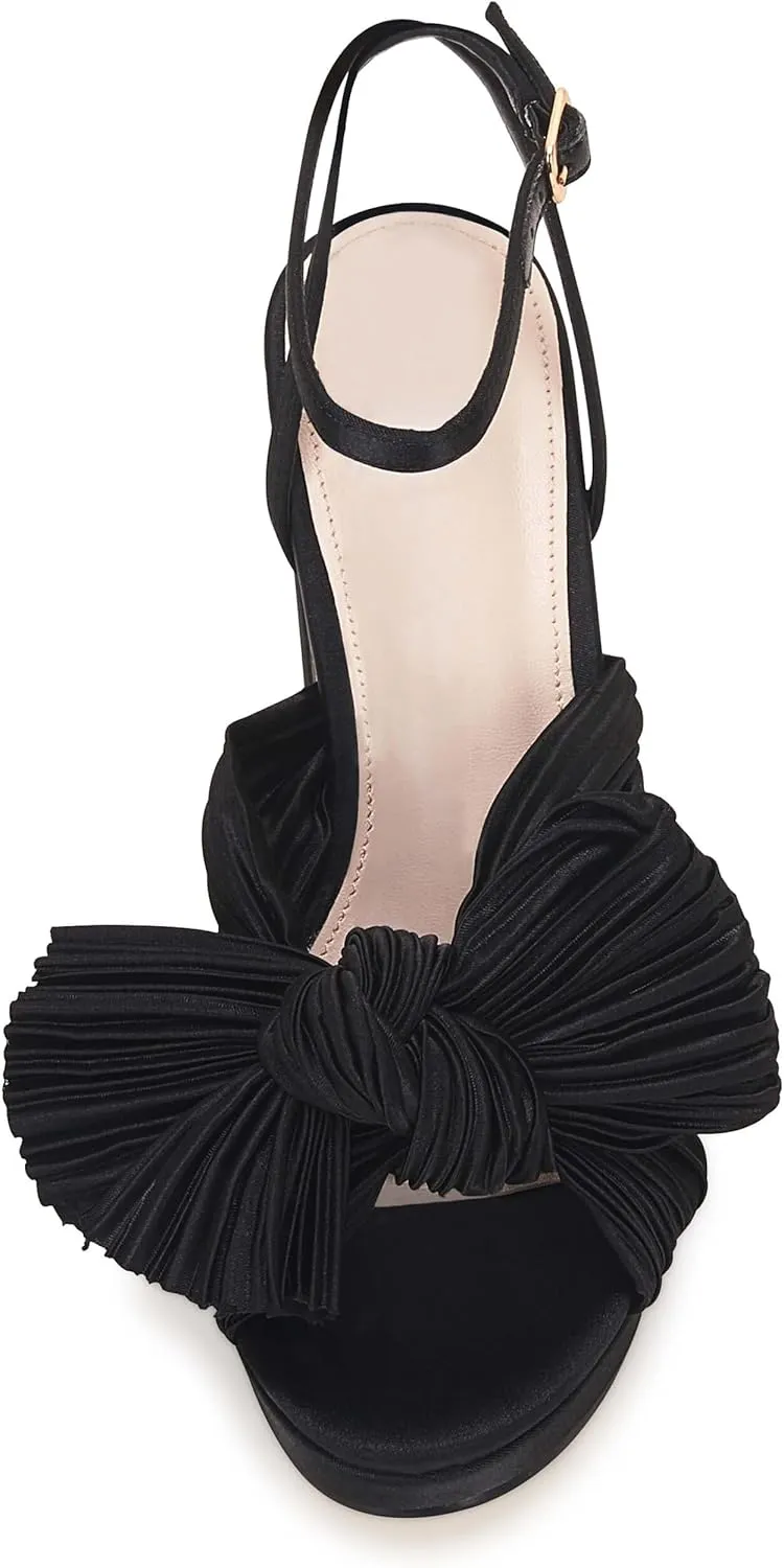 VETASTE Women's Pleated Bow Knot Platform Heeled Sandals Open Toe Chunky Block Heel Ankle Buckle Strap Bridal Wedding Dress Shoes