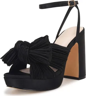 VETASTE Women's Pleated Bow Knot Platform Heeled Sandals Open Toe Chunky Block Heel Ankle Buckle Strap Bridal Wedding Dress Shoes